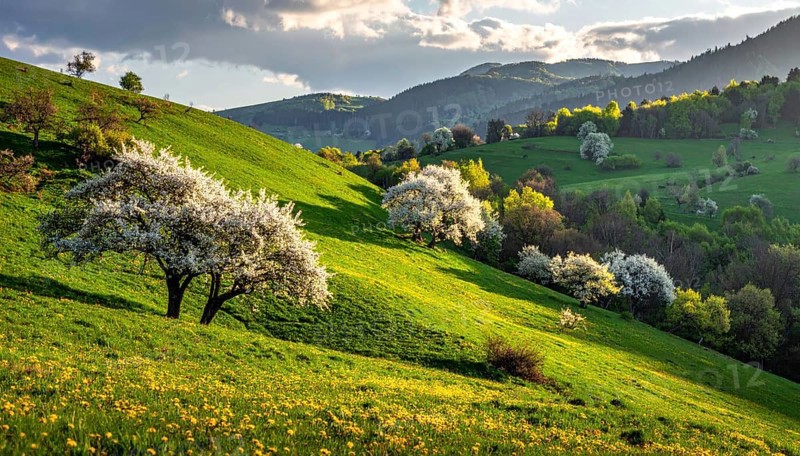 Spring blooming landscape, trees in the foreground, green hills covered with blooming flowers, clear blue sky at sunset, vacation and holiday concept, beauty of nature, AI generated