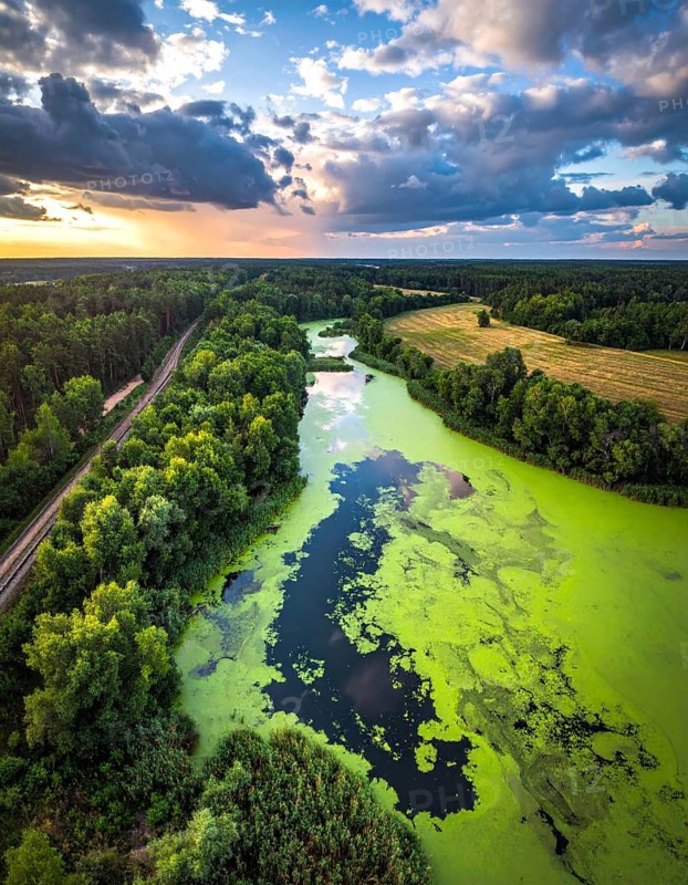 Green algae on the lake. Aerial view of nature, landscape with hills and forest in summer, cloudy sky, golden light at sunset, AI generated