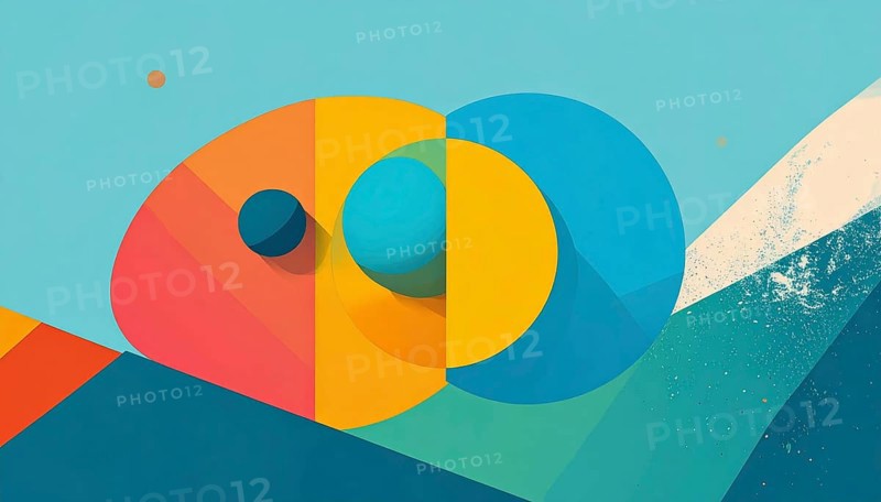 Vector art illustration, spheres, rectangles, triangles and geometric pattern, vector wallpaper illustration, textured background in vibrant colors, abstract drawing, simple artwork design for template or banner, AI generated