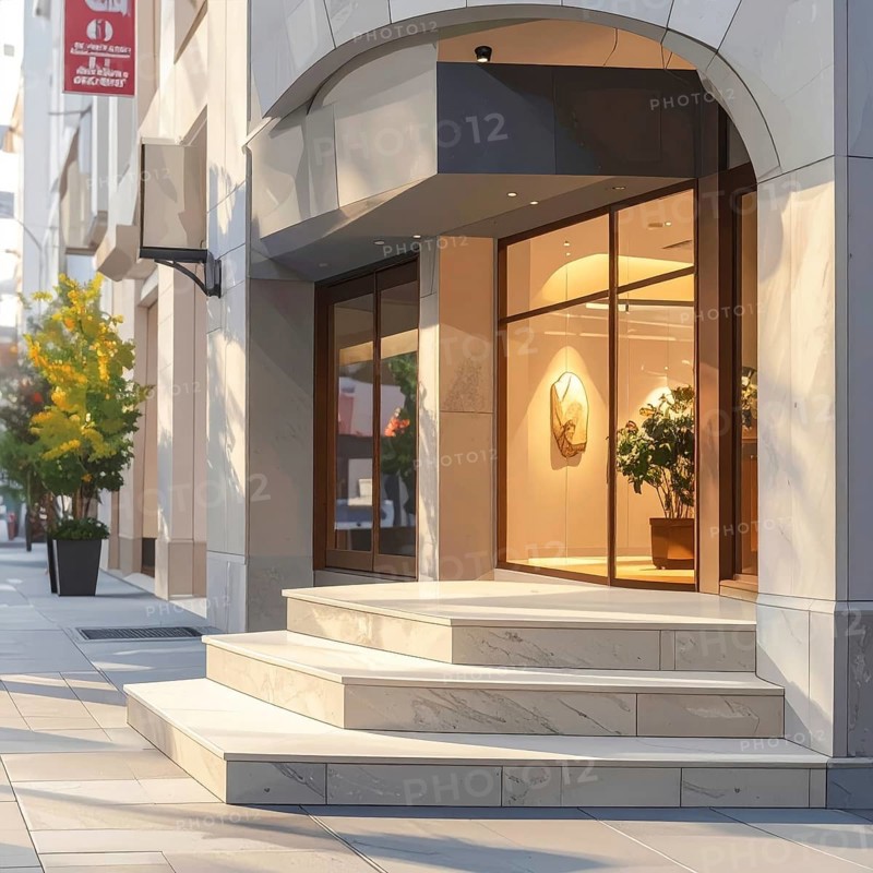 Modern building entrance with stairs, glass facade, and plants in warm evening light, empty storefront entrance with a gently stairs access, modern building with glass facade, blurred background, soft sunlight at evening, no people, AI generated