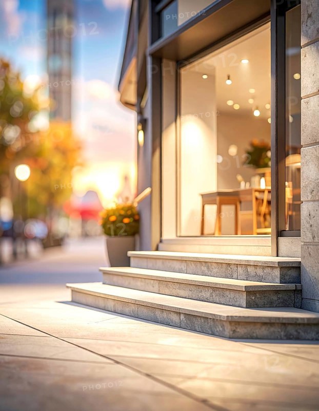 Modern building entrance with stairs, glass facade, and plants in warm evening light, empty storefront entrance with a gently stairs access, modern building with glass facade, blurred background, soft sunlight at evening, no people, AI generated