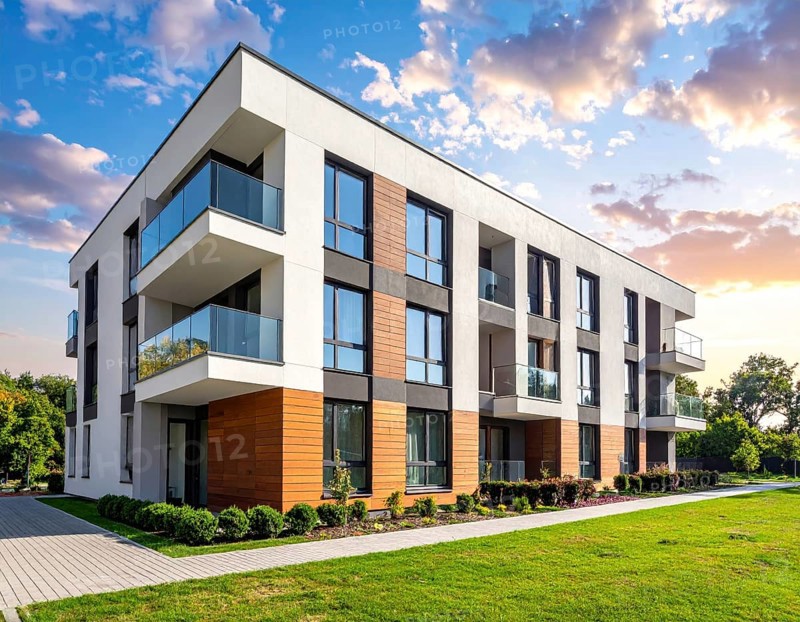 New modern block of flat, condo architecture, Residential apartment as a flat, luxury house complex, City real estate property, green garden plants in front, clear blue sky with golden evening light, AI generated