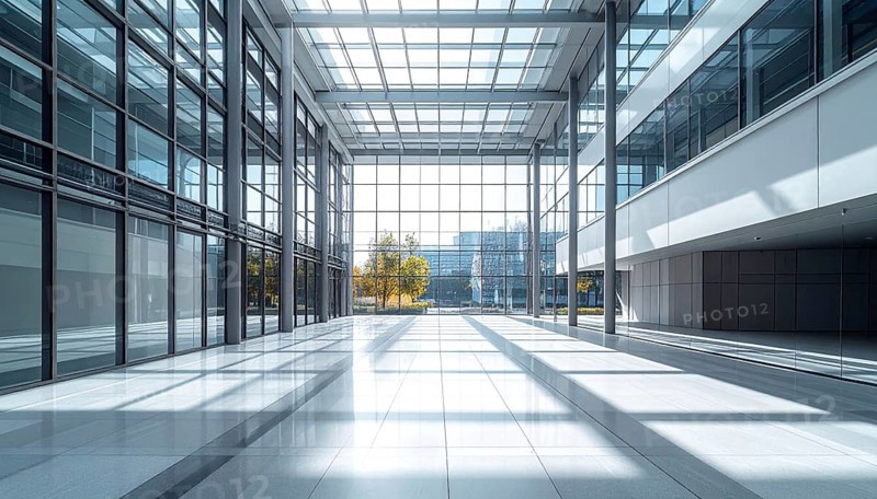 Modern architectural framework with glass and steel structure, glass facade with a greed of steel arrows, blue sky with a soft golden light of a sunrise, AI generated