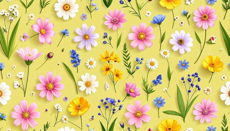 Vibrant wildflowers and grass create a colorful and joyful floral pattern, Variety of wild flowers, spring plant and grass seamless pattern, vibrant realistic vector illustration wallpaper, a spring natural colorful background as template or poster, AI generated