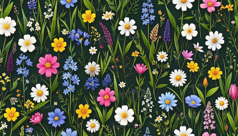 Vibrant wildflowers and grass create a colorful and joyful floral pattern, Variety of wild flowers, spring plant and grass seamless pattern, vibrant realistic vector illustration wallpaper, a spring natural colorful background as template or poster, AI generated