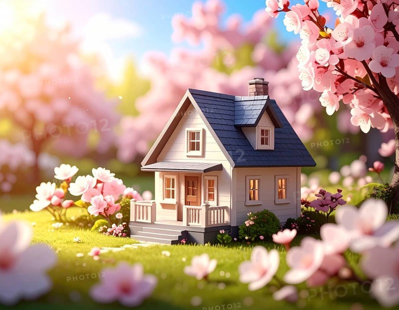 A miniature house surrounded by blooming cherry blossoms and warm sunlight, creating a peaceful and idyllic spring atmosphere, toy house on blossom cherry flowers, spring natural background. concept of mortgage, construction, rental, family and property, AI generated
