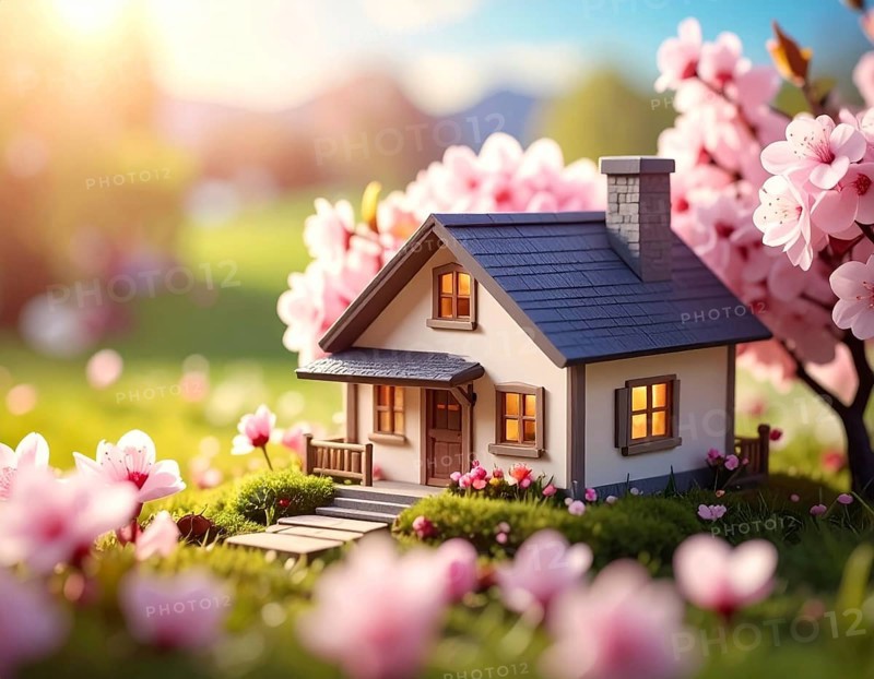 A miniature house surrounded by blooming cherry blossoms and warm sunlight, creating a peaceful and idyllic spring atmosphere, toy house on blossom cherry flowers, spring natural background. concept of mortgage, construction, rental, family and property, AI generated