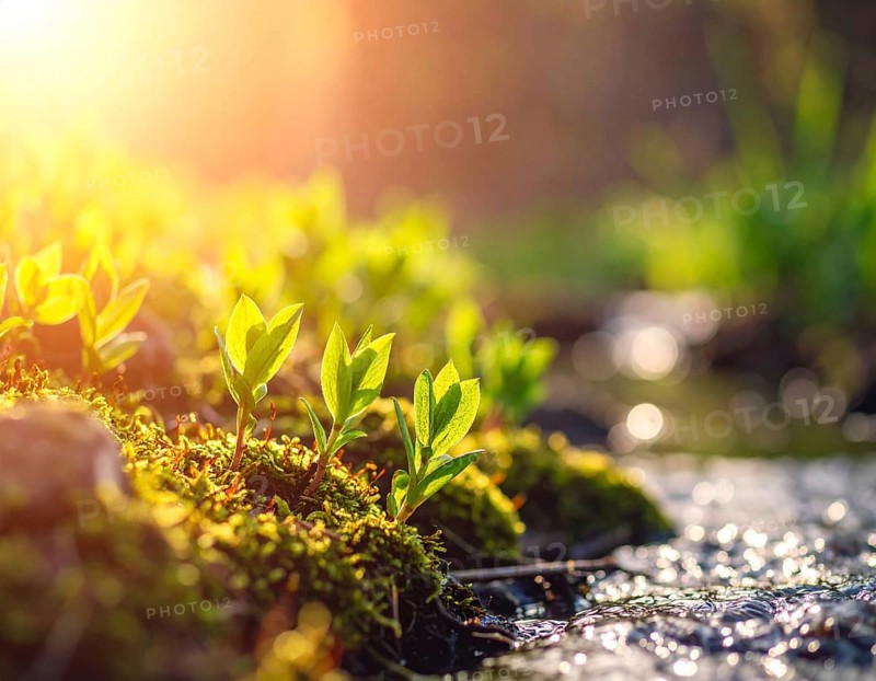 Beautiful spring detailed stream of fresh water, vibrant blooming young green plants, wallpaper banner for springtime and summer nature concept, AI generated