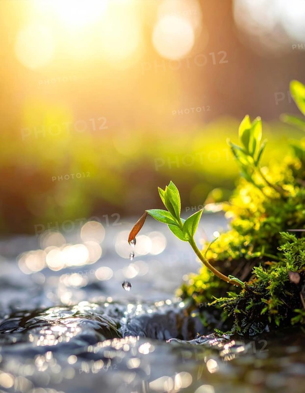Beautiful spring detailed stream of fresh water, vibrant blooming young green plants, wallpaper banner for springtime and summer nature concept, AI generated