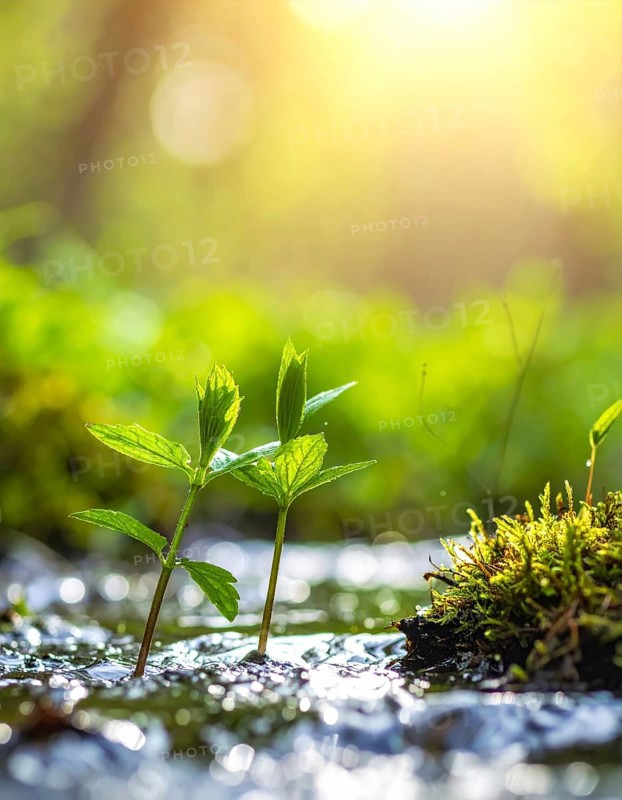 Beautiful spring detailed stream of fresh water, vibrant blooming young green plants, wallpaper banner for springtime and summer nature concept, AI generated