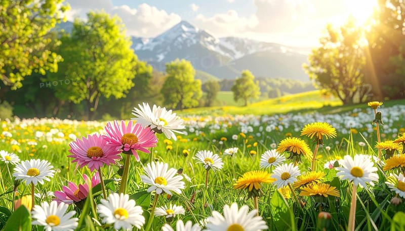 A sunny meadow with daisies in full bloom under bright sunlight, creating a vibrant and cheerful atmosphere, Blooming meadow with lots of white and pink spring daisy flowers and yellow dandelions, sunny day with blue clear sky, beautiful landscape in blurred background, fresh spring and summer nature concept, AI generated