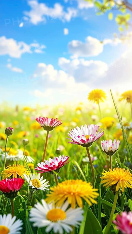 A sunny meadow with daisies in full bloom under bright sunlight, creating a vibrant and cheerful atmosphere, Blooming meadow with lots of white and pink spring daisy flowers and yellow dandelions, sunny day with blue clear sky, beautiful landscape in blurred background, fresh spring and summer nature concept, AI generated