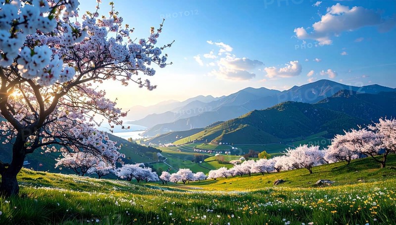 Landscape with a blooming apricot tree, idilyc spring nature, green grass and mountains in background, blue cloudy sky in sunset web banner spring time concept, AI generated