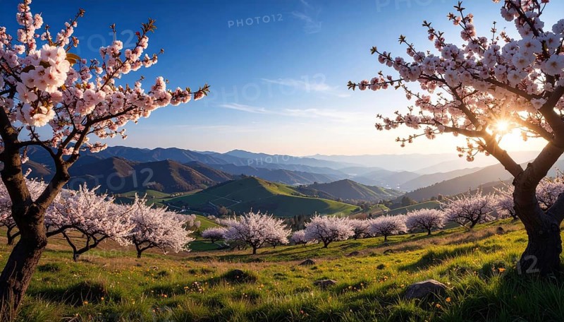 Landscape with a blooming apricot tree, idilyc spring nature, green grass and mountains in background, blue cloudy sky in sunset web banner spring time concept, AI generated