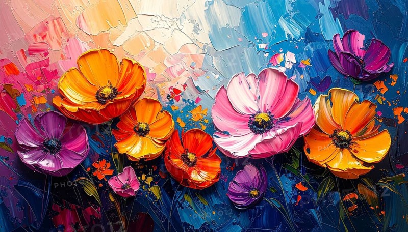 Closeup of abstract rough colorful multicolored organic floral spring flowers art painting texture, with oil acrylic brushstroke, pallet knife paint on canvas wallpaper, AI generated