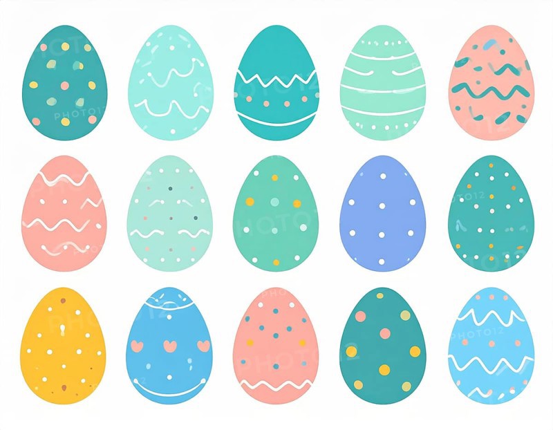 Set of easter eggs flat design on white background, abstract vector wallpaper illustration, banner for springtime, AI generated