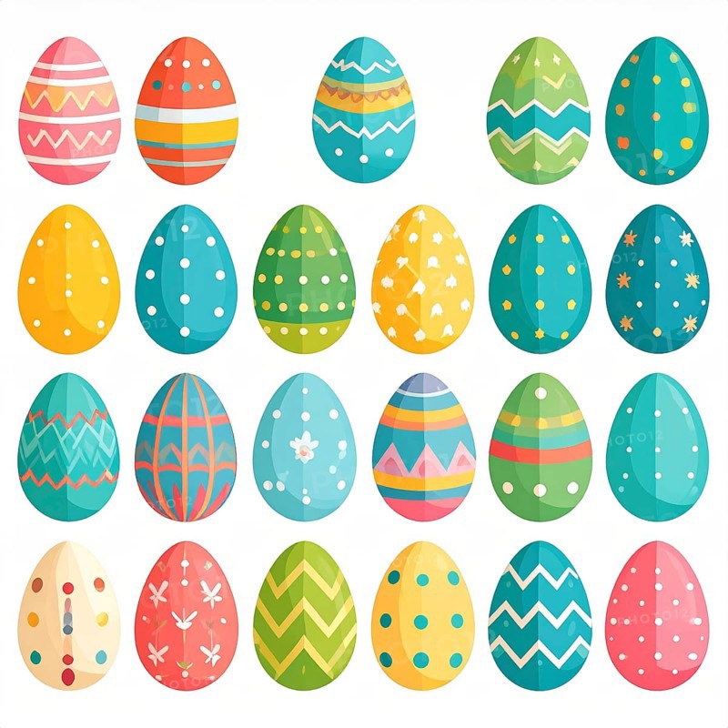 Set of easter eggs flat design on white background, abstract vector wallpaper illustration, banner for springtime, AI generated