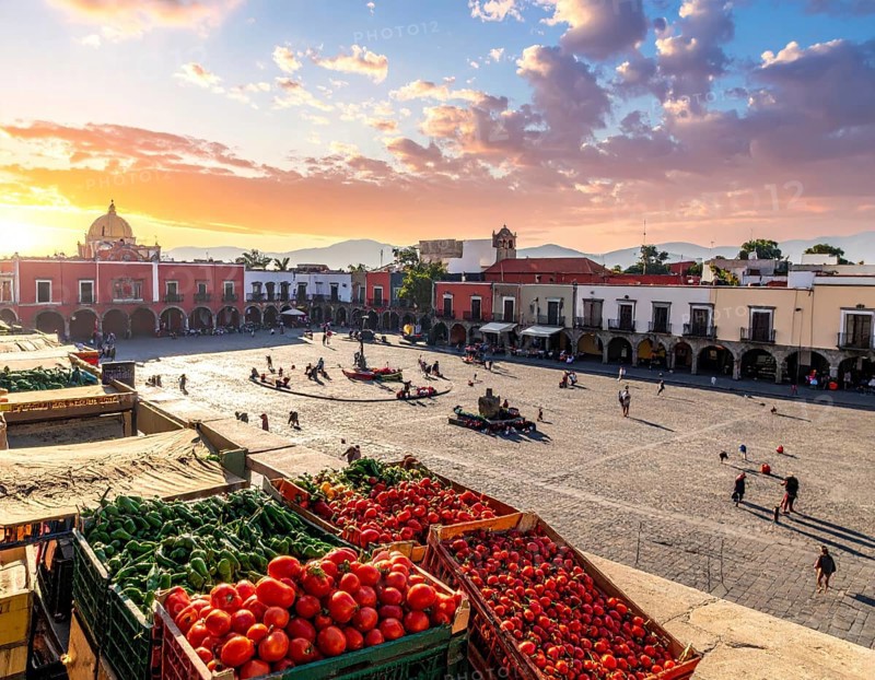 Traditional Mexican plaza with crates of peppers, onions, and tomatoes, economic prosperity in local trade, travel destination in America, AI generated
