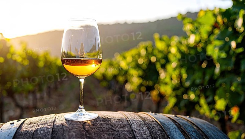 A glass of 10-year-old tawny wine placed on a barrel in a vineyard restaurant, vineyard landscape in blurred background, AI generated
