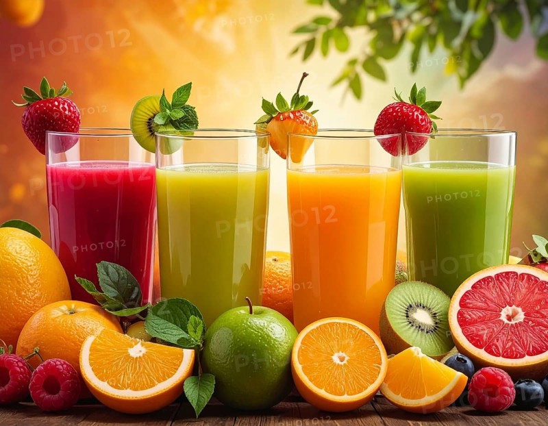 Fresh fruit juices in glasses, surrounded by colorful fruits, showcasing healthy drinking and eating, fitness and wellness lifestyle, AI generated