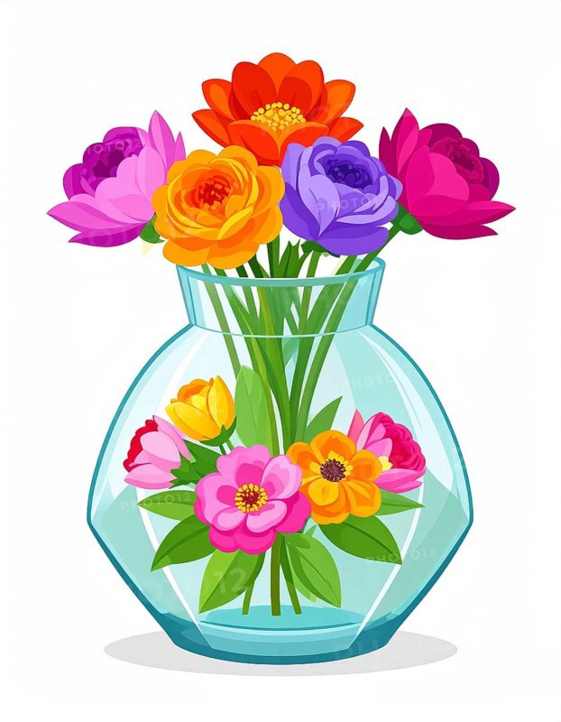 Crystal glass vase with vibrant blooming flowers, vibrant vector drawing illustration for fresh spring background, AI generated