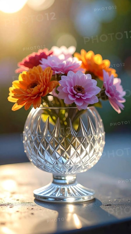 Crystal glass vase with vibrant blooming flowers, fresh spring and summer concept, AI generated
