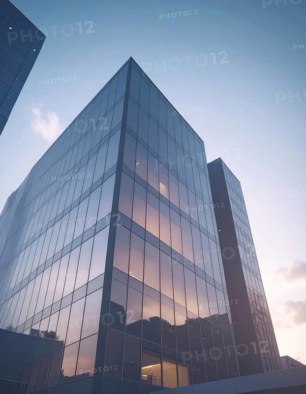 Modern building reflecting sunset light at dusk. Abstract Futuristic Business Background, AI generated