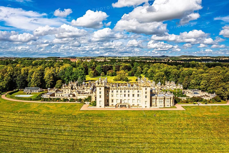 Floors Castle and garden from a drone, Duke of Roxburghe, Roxburghshire, Scotland, UK