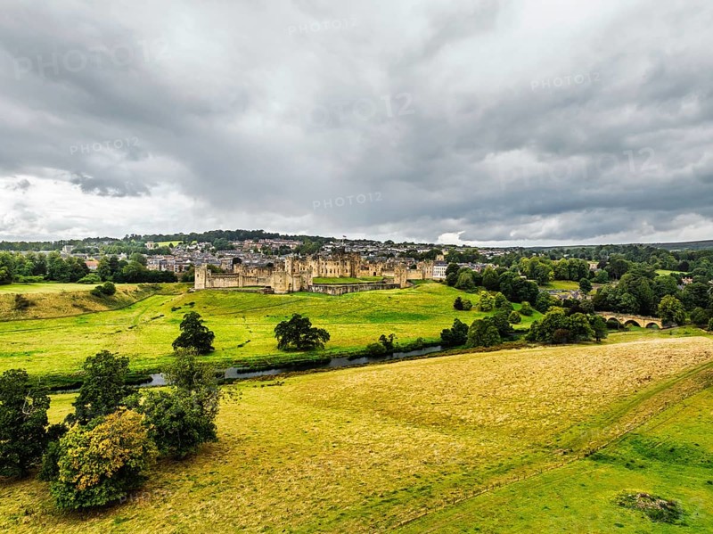 Alnwick Castle from a drone, Alnwick, Northumberland, England, United Kingdom
