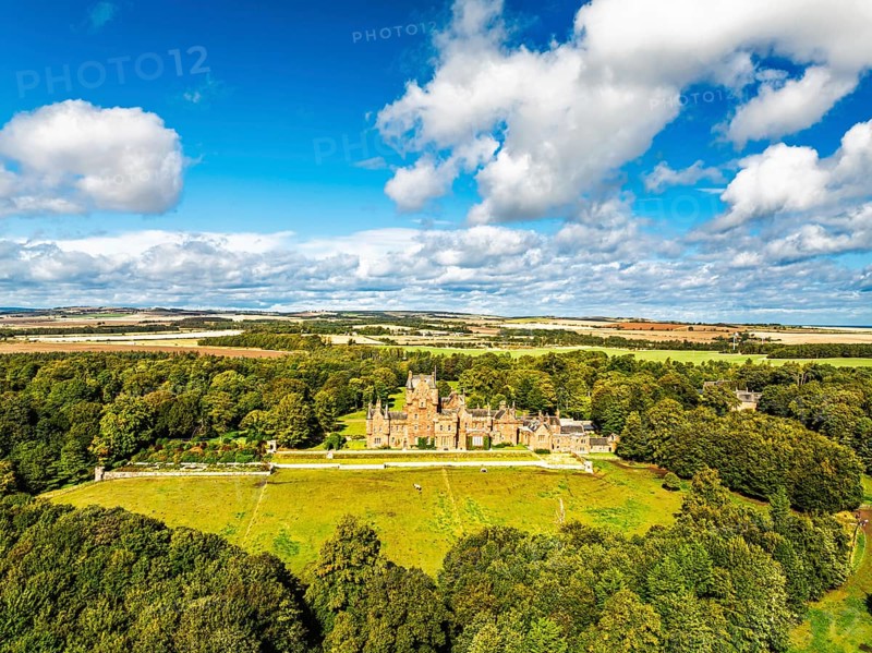 Ayton Castle from a drone, Ayton, Eyemouth, Scottish Borders, Scotland, UK