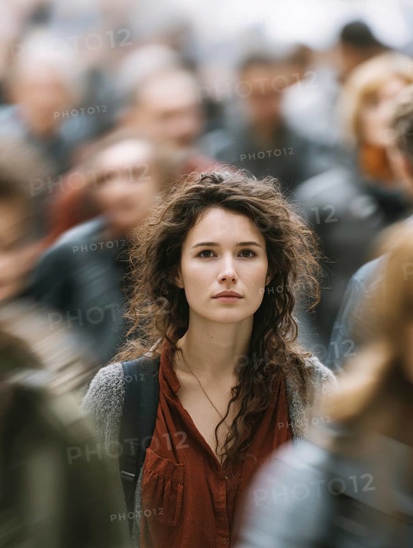 A woman stands in the middle of a crowd, symbolising mental health, stress in the big city, loneliness, social isolation, personal development, AI generated, AI generated
