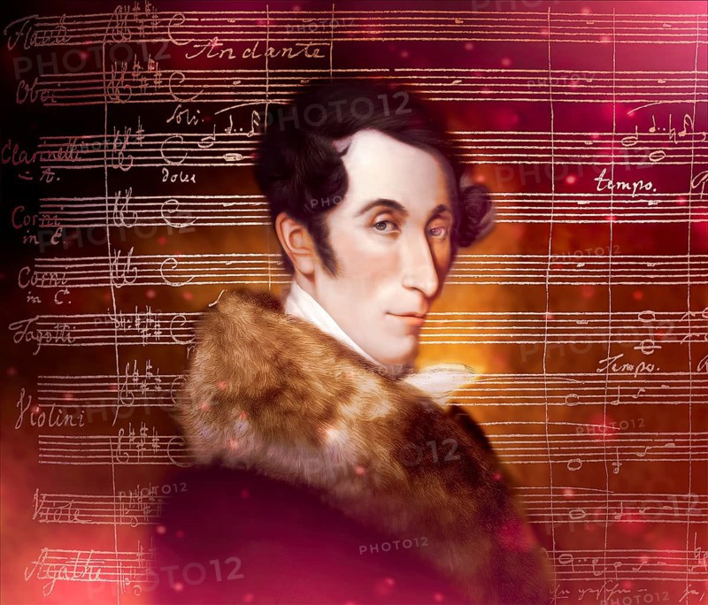 Carl Maria von Weber, 1786 - 1826, German composer, conductor and pianist, digitally edited after a painting by Ferdinand Schimon, notesheet from the Romantic opera Der Freischütz