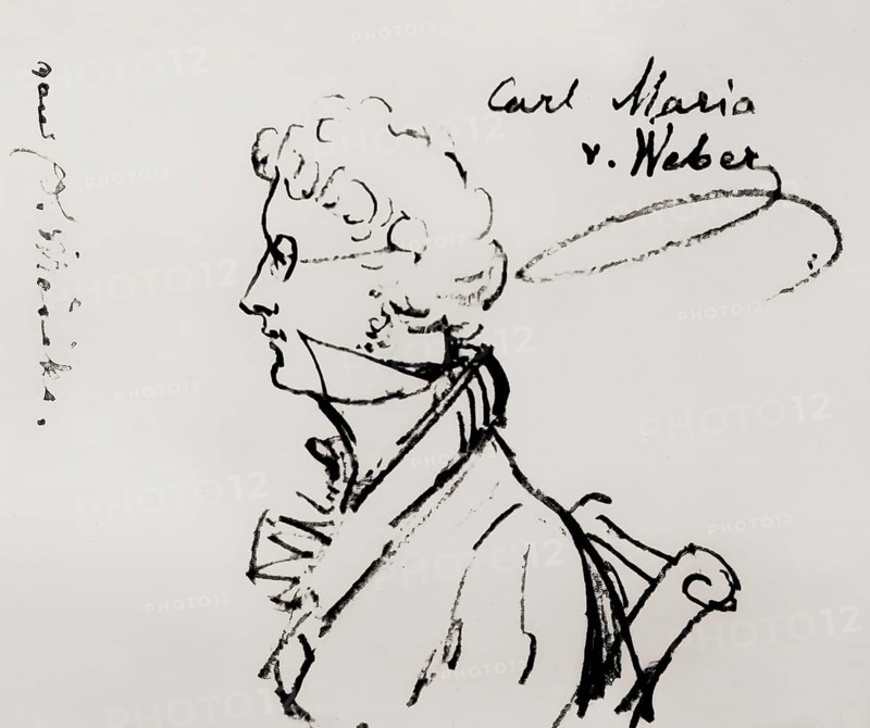 Caricature by Eduard Mörike, portrait of Carl Maria von Weber, 1786 - 1826, German composer, conductor and pianist, digitally edited