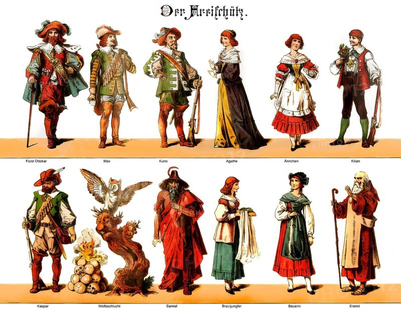 Costume designs of figures in the Romantic opera Der Freischütz by Carl Maria von Weber, 1786 - 1826, German composer, conductor and pianist, digitally edited