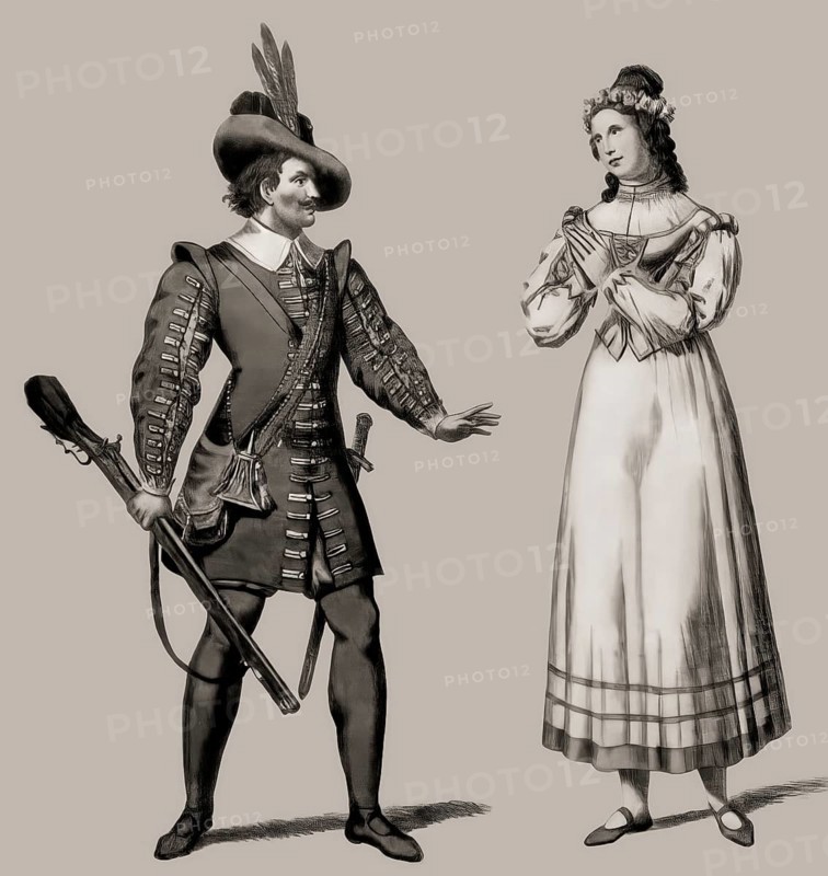 Costume designs of Max and Agathe, Romantic opera Der Freischütz by Carl Maria von Weber, 1786 - 1826, German composer, conductor and pianist, digitally edited