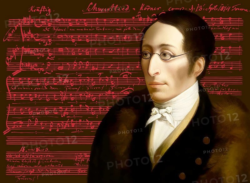 Carl Maria von Weber, 1786 - 1826, German composer, conductor and pianist, digitally edited after a painting by John Cawse, notesheet from the Schwertlied or Sword Song, a poem by Theodor Körner, set to music by Carl Maria von Weber in 1814
