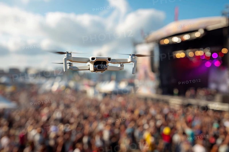 Ein Fernpilot steuert sein Quadrocopter, Drohne illegal über ein Open-Air Musik Konzert mit vielen Menschen, Symbolbild für illegaler Drohnenbetrieb über Menschenmengen, Missachtung von Flugverbotszonen, kritische Infrastruktur, Flugverbot, Betriebsverbot, Persönlichkeitsrechte, Eigentumsrechte, Urheberrechte, AI generiert, AI generated