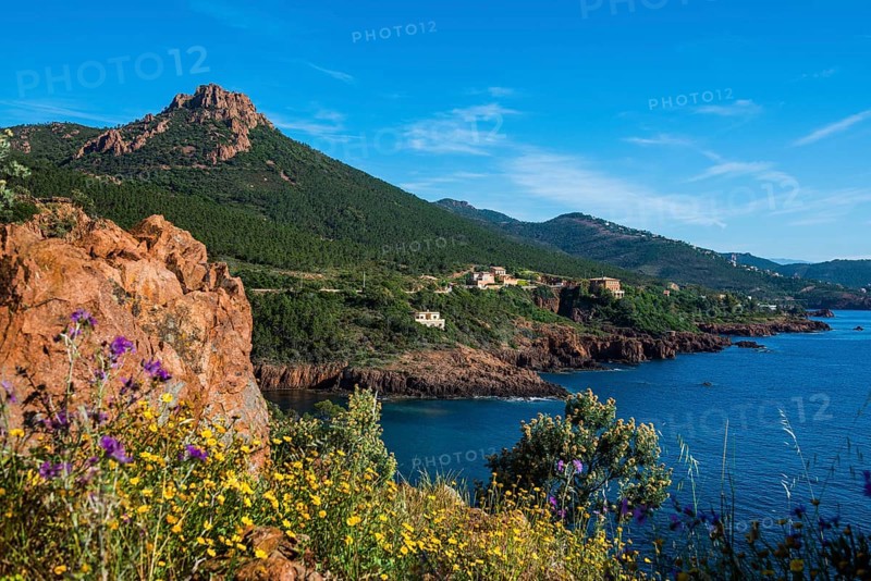 Picturesque coast and red rocks, near Anthéor, Saint-Raphaël, Massif de l'Esterel, Esterel Mountains, Département Var, Cote d'Azur, Provence-Alpes-Côte d'Azur, France