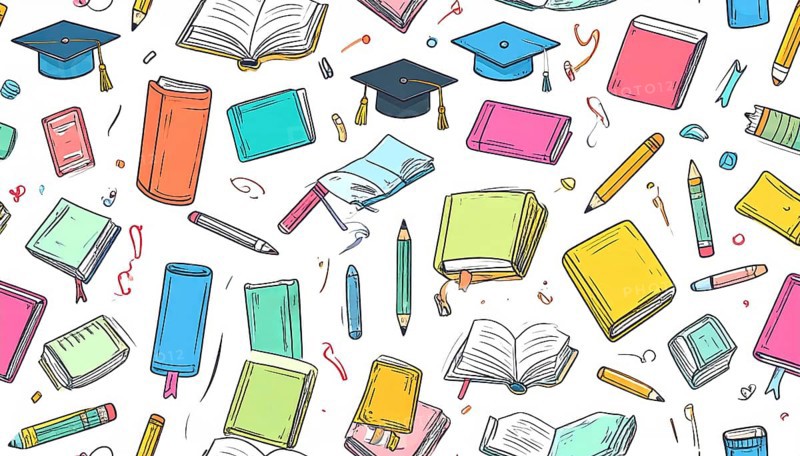 Colorful doodle pattern of education elements, vibrant geometric vector illustration, AI generated