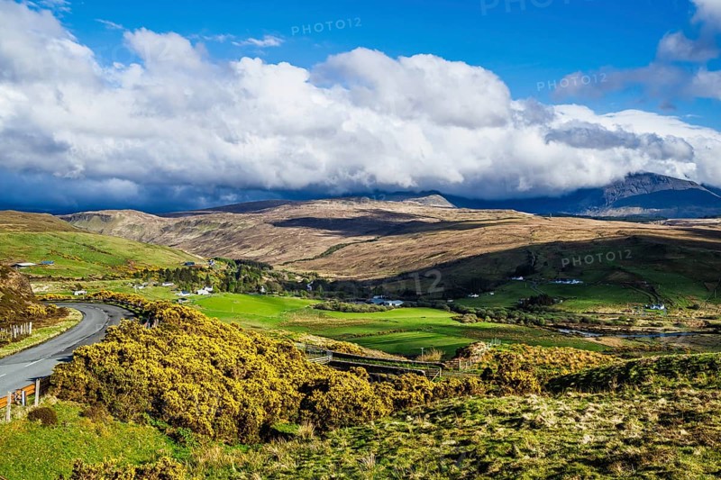 Farms over Loch Harport, Drynoch, Isle of Skye, Scotland, UK