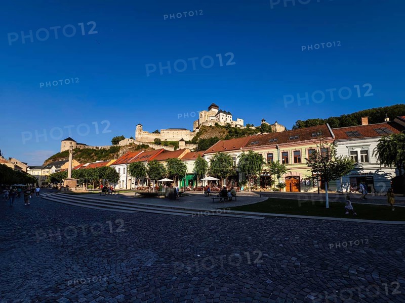 The Peace Square in the old town centre of Trencín, Trencín Castle in the background, Capital of Culture 2026, Trencín, Slovakia