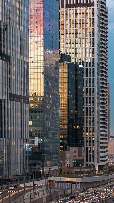 Israel, Tel Aviv financial business district skyline with shopping malls and high tech offices