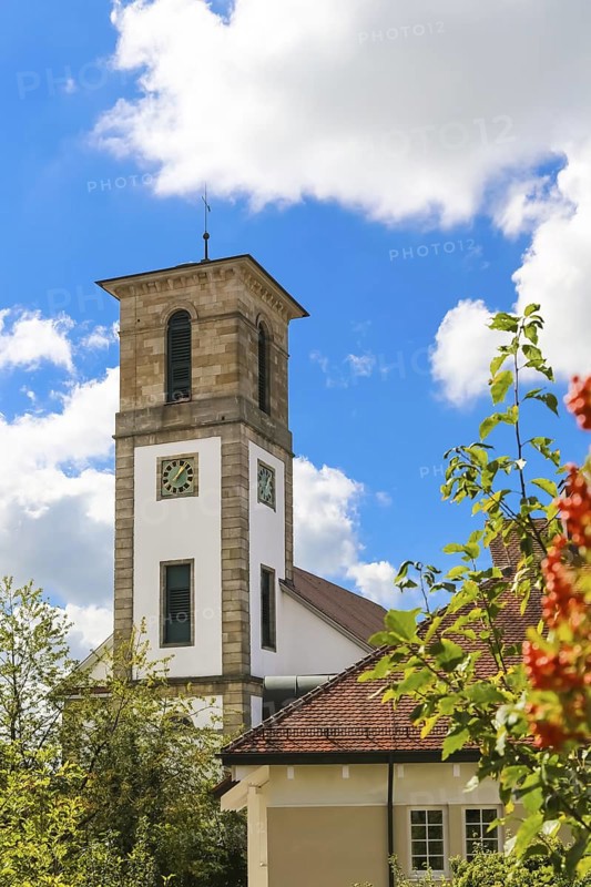 Protestant church, church, sacred building, church square, church tower, clock, Gomaringen, district of Tübingen, Baden-Württemberg, Germany