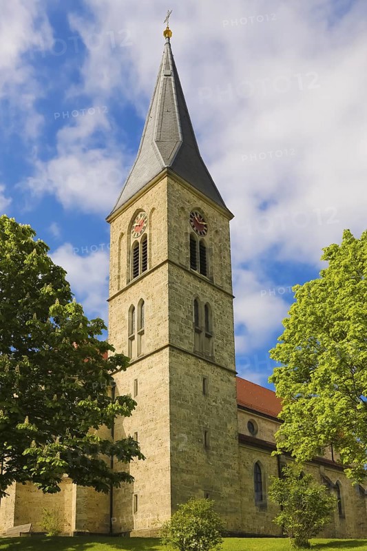 St. Martinus, catholic church, place of worship, sacral building, church tower, clock, cross, religious building, Dotternhausen, Zollernalbkreis, Baden-Württemberg, Germany