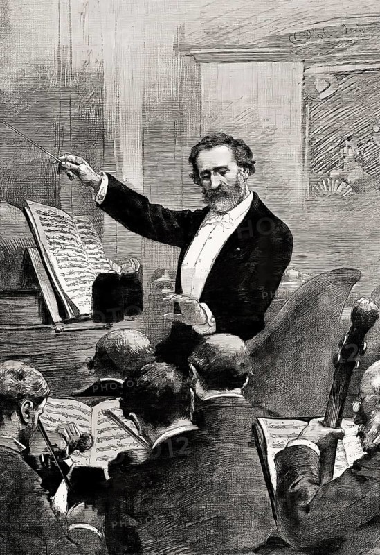 Giuseppe Verdi, 1813 – 1901, Italian opera composer, conducting Aida in Paris, 1880, digitally edited