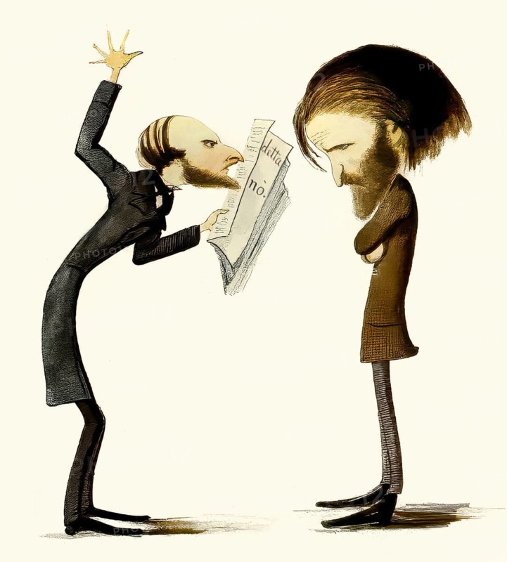 Giuseppe Verdi and the Naples censor preparing the opera Un ballo in maschera, 'A Masked Ball', 1857–58, digitally edited after a caricature by Delfico