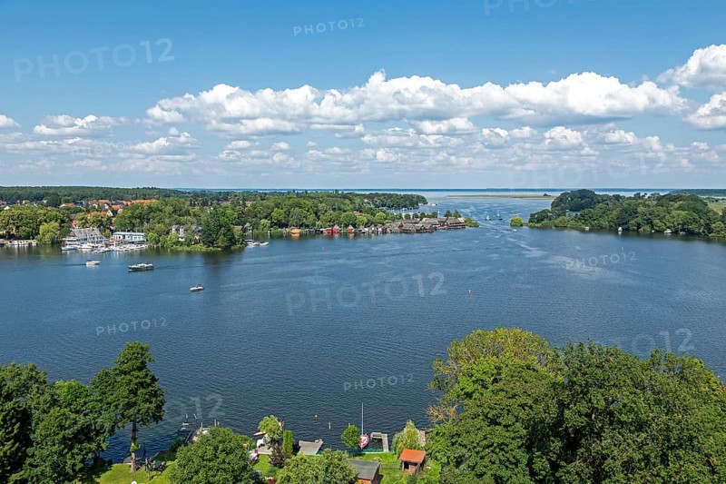 View from the tower of St Mary's Church, Müritz, lake, boats, boathouses, holiday homes, Röbel, Müritz, Mecklenburg Lake District, Mecklenburg-Western Pomerania, Germany