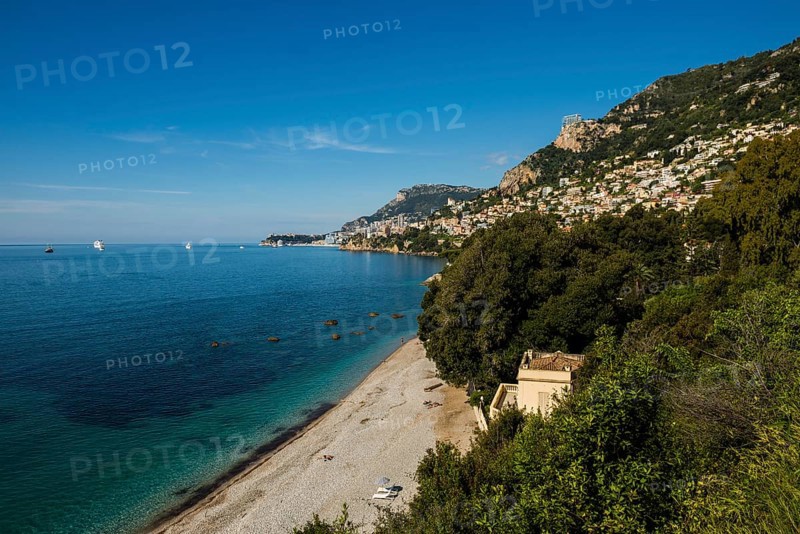 View of Roquebrune and Monaco, Plage du Golfe Bleu, Alpes Maritimes, Provence Alpes Cote d'Azur, French Riviera, South of France, France