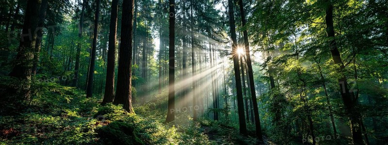 Beautiful rays of sunlight in a green forest shining through trees and tree branches. Concept of new beginning and spirituality, AI generated