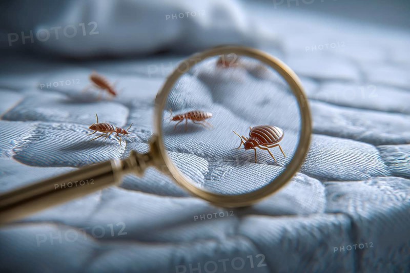 Bed bugs and dust mites concept with the magnifying glass. Allergy and old linen that contains parasites, AI generated